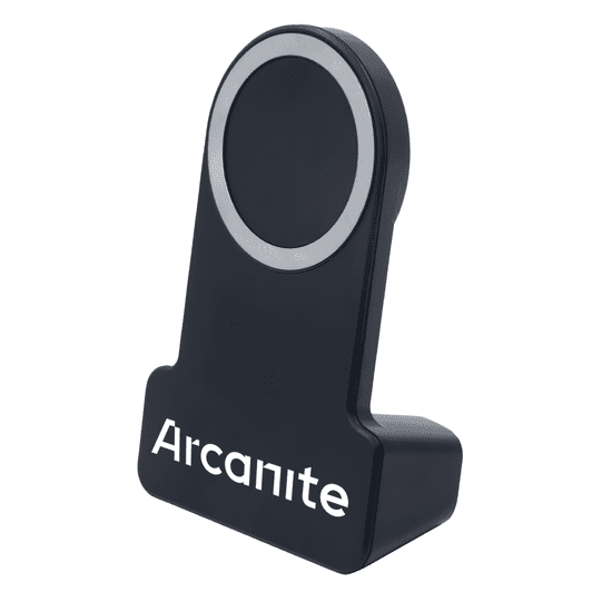 A wireless charger in black with a circular charging pad and a logo on the base.