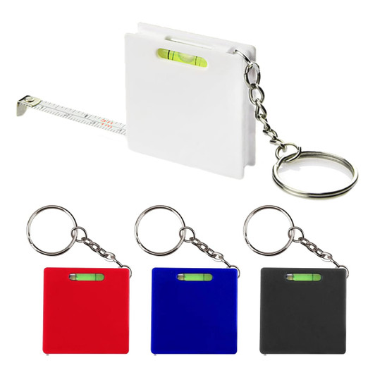 A tape measure keyring with a level, available in white, red, blue, and black. Includes a keychain attachment.