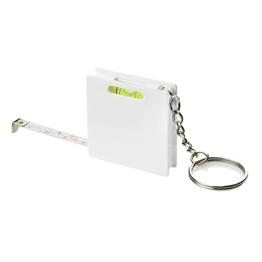 A white Leveller Tape Measure with a keyring attachment and a built-in level bubble.