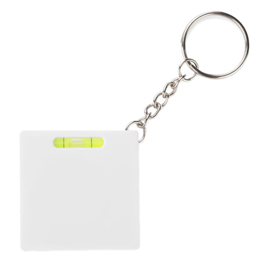 A white leveller tape measure keyring with a small green level bubble attached.
