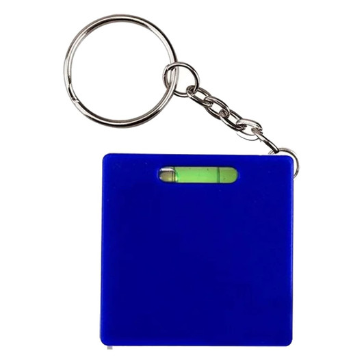 A blue keyring tape measure with a built-in level, attached to a small metal keychain.