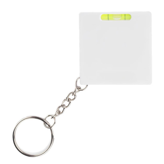 A white tape measure with a keyring and a small level attached to it.