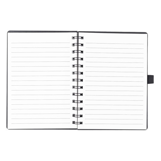 A black spiral-bound notebook with blank lined pages, featuring a sleek design and a ribbon marker.