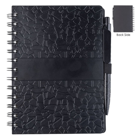 A black La Trobe Stone Paper Notebook featuring a textured cover and a pen attached, with a smaller notebook shown on the side.