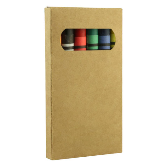 A crayon set featuring six vibrant colours, packaged in a brown cardboard box with a clear window.