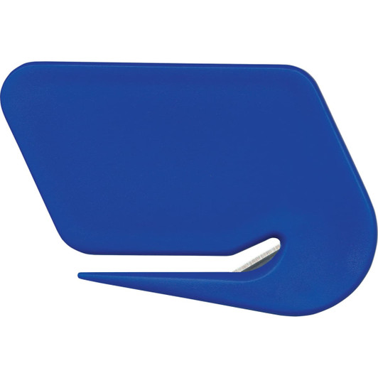 A blue letter opener with a sleek, modern design and a pointed edge for safely opening envelopes.