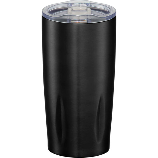 A drink bottle featuring a sleek black design with a clear lid, suitable for hot or cold beverages.