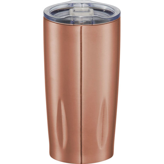 A drink bottle featuring a copper-coloured exterior and a clear, plastic lid, with a logo on the side.