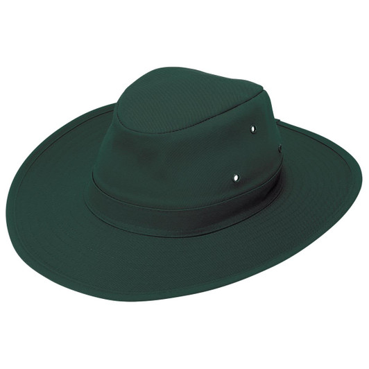 A dark green slouch hat with a wide brim and ventilation holes. It has a simple logo on the band.