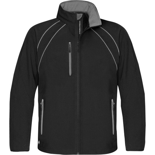A black men's crew softshell jacket featuring grey accents and zippered pockets, with a logo on the front.