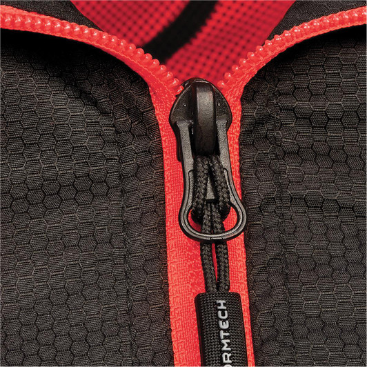 A close-up of a zip on a black thermal jacket featuring red accents and a logo.