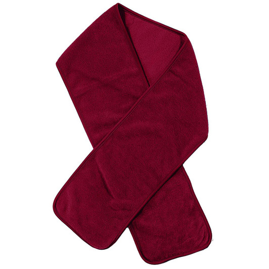 A polar fleece scarf in a deep burgundy colour, featuring a soft texture and finished edges.
