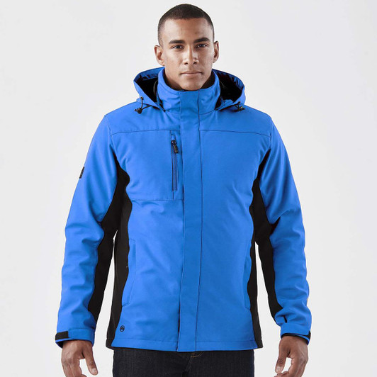 A men's 3-in-1 jacket in bright blue with black accents and a hood, featuring a logo on the sleeve.