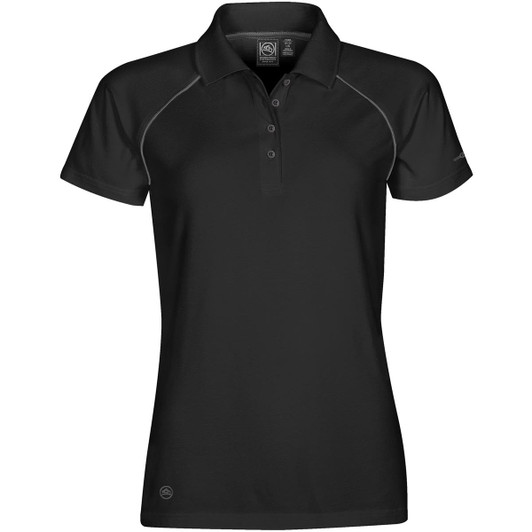 A black women's polo shirt featuring a collared neckline and a logo. The shirt has a fitted silhouette and contrasting detailing.