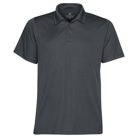 A dark grey men's polo shirt with a classic collar and three-button placket. It features a branding logo.