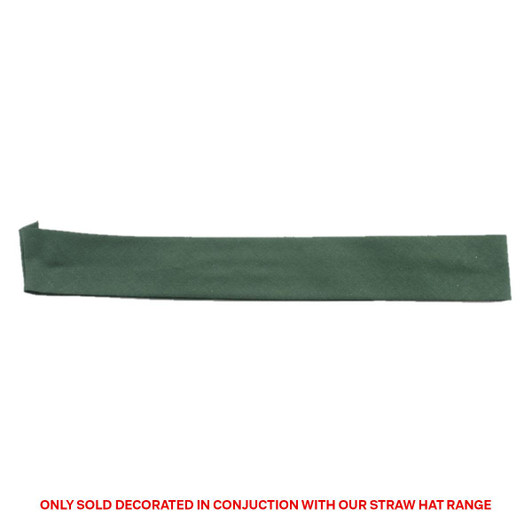 A green cotton hatband with a plain design, featuring a logo, suitable for straw hats.