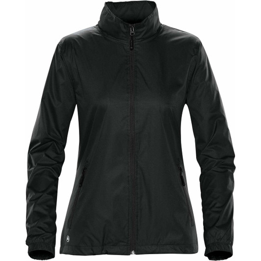 A dark green women's rain jacket with a zip front, high collar, and side pockets. It features a branding logo.
