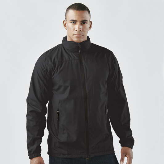 A black men's rain jacket with a zip front and side pockets, featuring a logo on the chest.