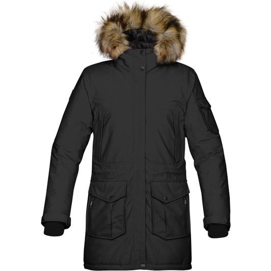 A black women's parka jacket featuring a fur-lined hood and multiple front pockets, with a branding logo present.