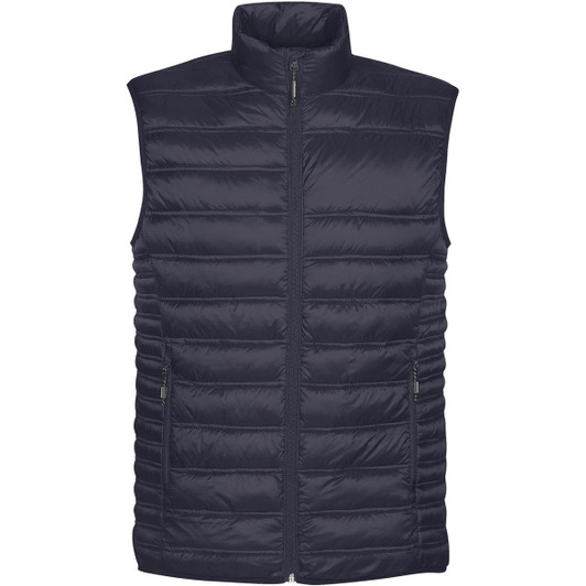 A dark navy thermal vest featuring a zip closure and a stand collar, with a branded logo.