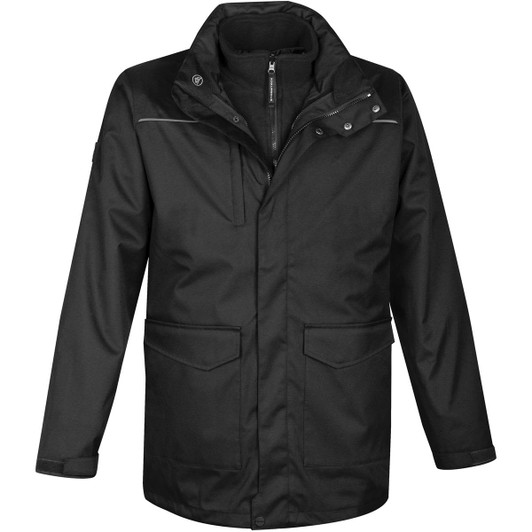 A black men's parka featuring a zip front, multiple pockets, and a high collar, with a discreet logo.
