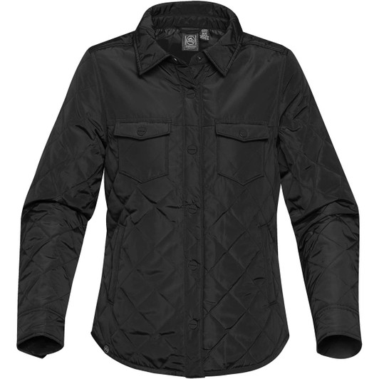 A black women's Diamondback jacket featuring a quilted design, button-up front, and two chest pockets.