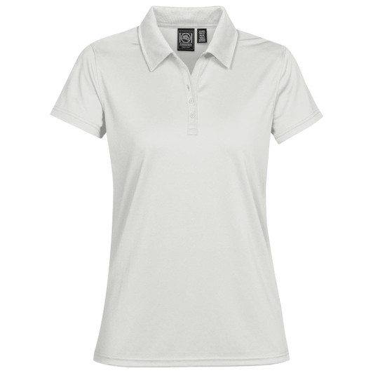 A light grey women's polo shirt with a collar, featuring a logo on the label.