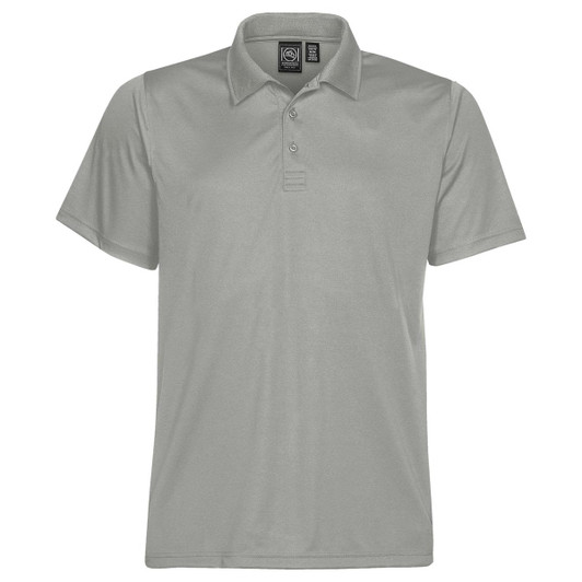 A light grey men's polo shirt with a classic collar, three buttons, and a logo on the label.