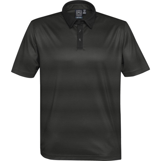 A dark green polo shirt with a contrasting black collar and a subtle striped pattern. It features a logo on the upper left.