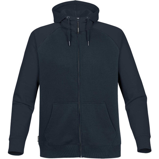 A dark green zip-up hoodie featuring a hood and front pockets, with a subtle logo on the side.