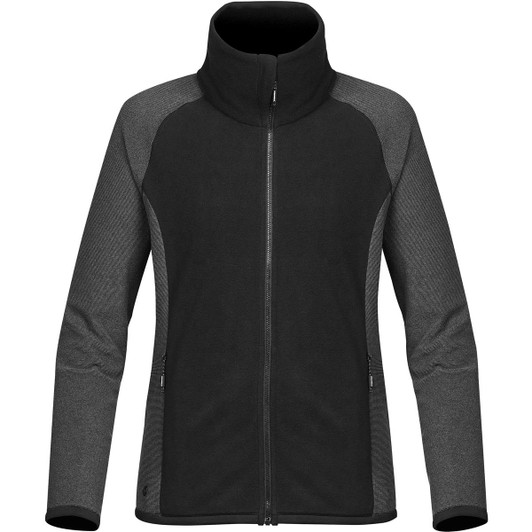 A women's black and grey microfleece jumper with a zip front and high collar, featuring a logo on the side.