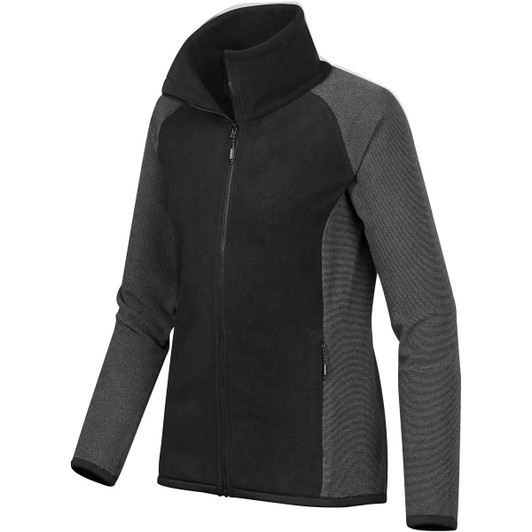 A women's microfleece jumper featuring a black and grey design with a full zipper and a high collar.