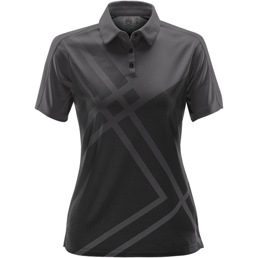 A dark grey women's polo shirt featuring a geometric pattern and a collar. The shirt has a logo on it.