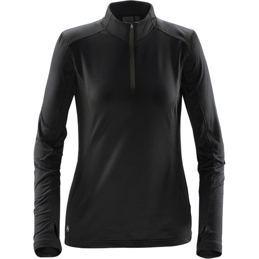 A women's black fleece pullover with a quarter zip and long sleeves, featuring a small logo on the hem.