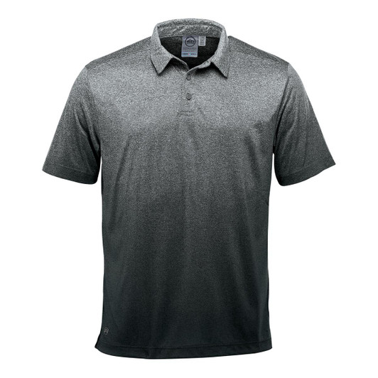 A dark grey polo shirt with a collar and short sleeves, featuring a logo on the hem.