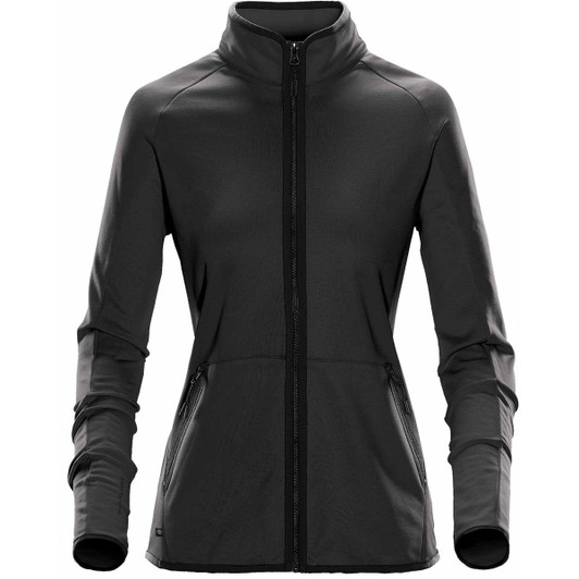 A women's polar fleece jacket in black with a full zip, high collar, and side pockets. Features a logo.