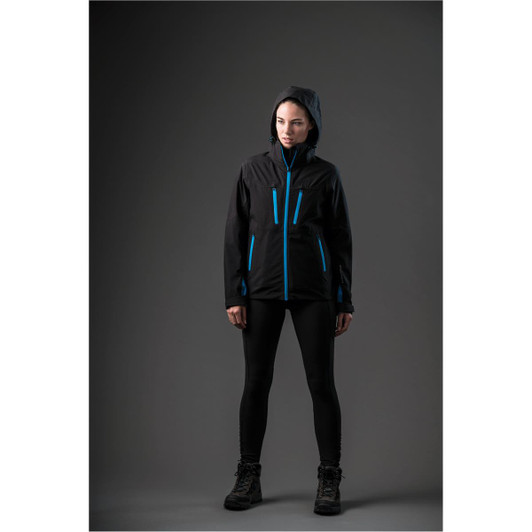 A black women's jacket featuring blue accents, equipped with a hood and multiple pockets. It includes branding.
