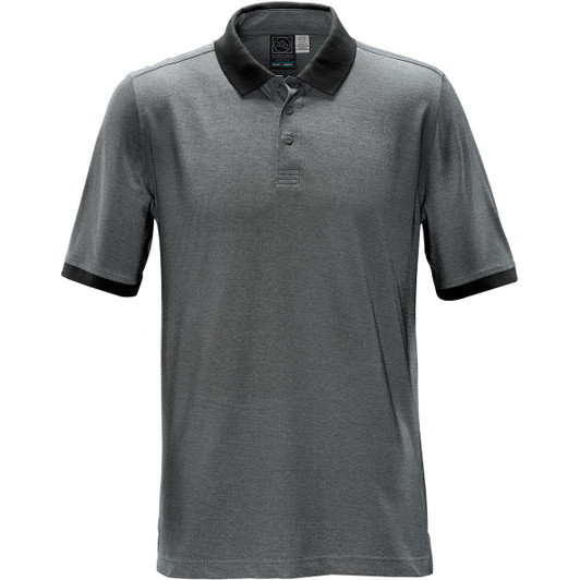 A dark grey polo shirt with a black collar and trim, featuring a logo on the upper chest.