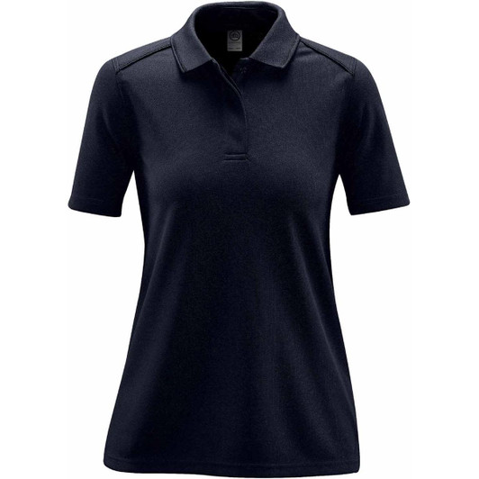A navy blue women's polo shirt with a classic collar and short sleeves, featuring a logo.
