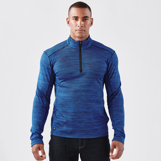 A men's quarter-zip thermal jumper in blue, featuring a textured stripe design and a small logo on the side.