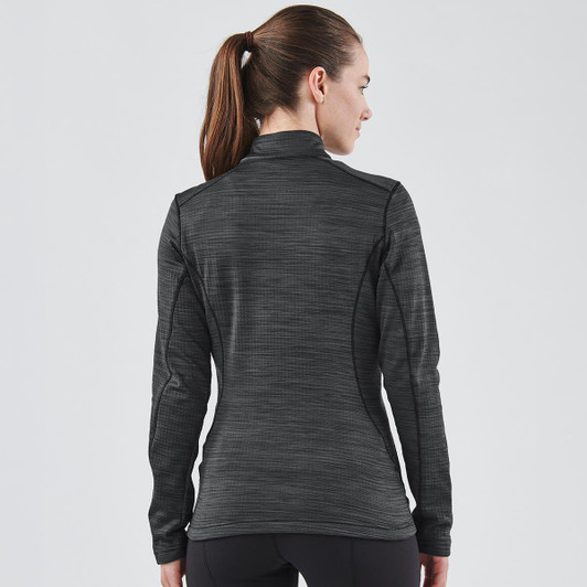 A women's black thermal 1/4 zip jumper with a textured design, featuring a high collar and fitted sleeves.