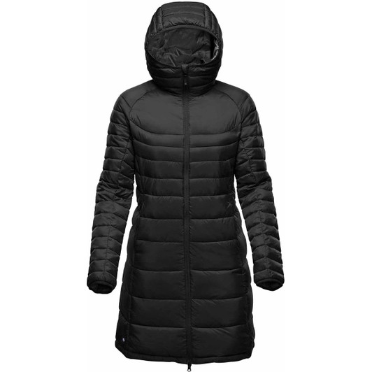A black women's parka with a hood, featuring a quilted design and a full-length zip front. It has a branding logo.