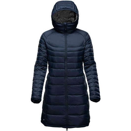A navy women's parka jacket with a hood, featuring a quilted design and full-length zipper. It includes a branding logo.