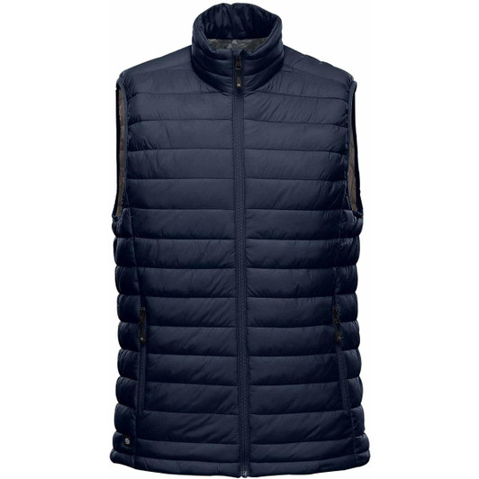 A navy thermal vest featuring a high neckline and horizontal quilted design. It has a logo on it.