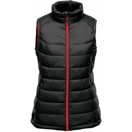 A black thermal vest with a high collar and red zipper, featuring quilted padding and no sleeves.