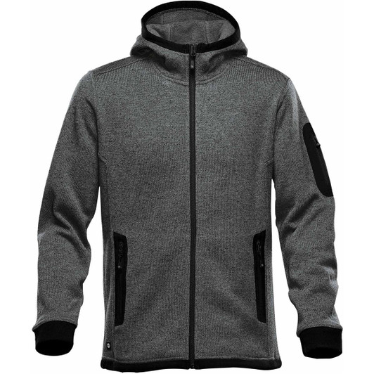 A grey knit hoodie with a zip front, featuring black accents and pockets, and a logo on the sleeve.