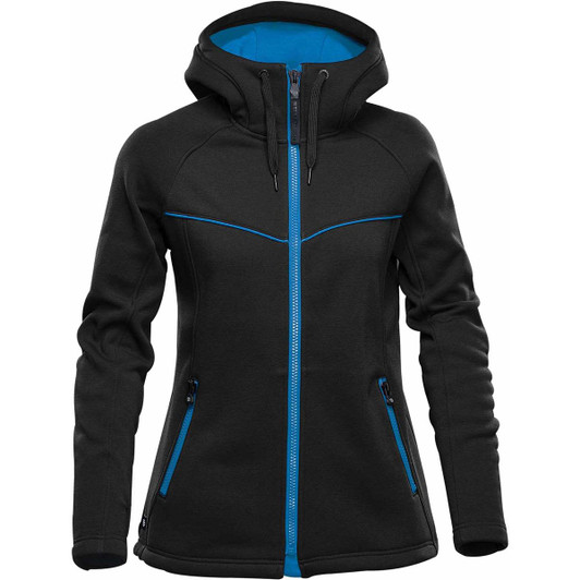 A women's black hoody featuring a blue inner lining, zippered pockets, and a fitted design. It includes a logo.