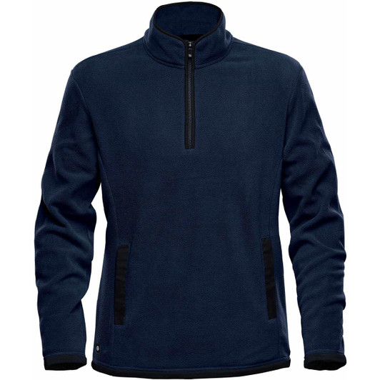 A navy blue men's fleece jumper with a quarter zip and black side panels, featuring a logo.
