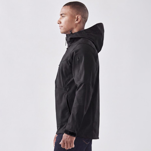 A black softshell jacket for men featuring a hood, with a logo on the sleeve.