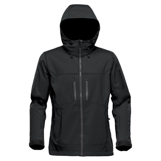 A black softshell jacket with a hood, featuring zippered pockets and a sleek design. It includes a logo on the front.